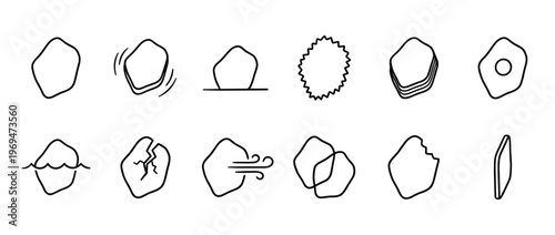 Collection of twelve distinct black outline icons representing various states and interactions of abstract shapes, presented in a clean, minimalist style
