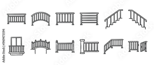 Collection of various black outline hand-drawn railings, fences, and balustrades for stairs, bridges, and balconies, presented as simple line art illustrations