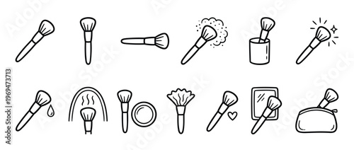 Collection of hand-drawn makeup brushes and beauty tools in various poses and styles, depicted as simple black outline icons