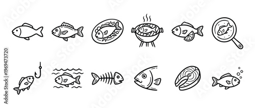 Collection of simple black outline fish icons depicting various stages from live fish to cooked meals