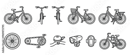 Various black outline bicycle icons and parts are neatly arranged, depicting different bike styles and accessories in a clean, illustrative manner