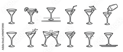 Collection of hand-drawn martini glasses in various states, from empty to garnished, showcasing different cocktail preparations
