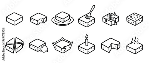 Collection of twelve simple black and white line art icons depicting various square cake or brownie desserts