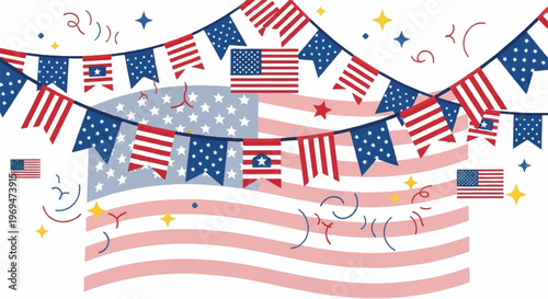 Patriotic banner, American flags, red white blue decorations, 4th of July celebration