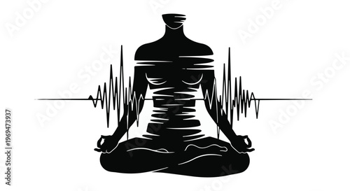 Silhouette of person meditating with sound waves emanating from their core, symbolizing inner peace and harmony.