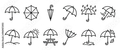 Collection of black outline umbrella icons depicting various weather conditions and uses, presented in a clean, simple style