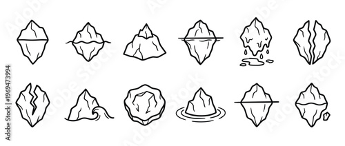 Collection of twelve simple black outline iceberg illustrations depicting various forms and states, including melting and floating