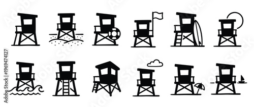 Collection of twelve black and white lifeguard tower icons with various beach elements, depicted in a simple, hand-drawn style