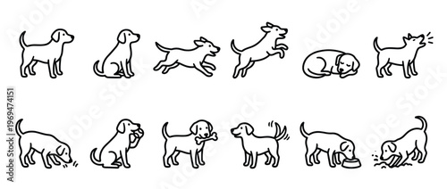 Collection of simple black outline dog icons illustrating various actions and poses in a clean, graphic style