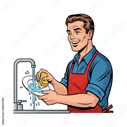 Man washing dishes in kitchen sink, pop art style, domestic chores, happy helper