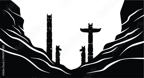 Mysterious totem poles stand tall within a dramatic mountain landscape.