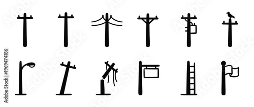 Collection of various simple black silhouette utility poles and street elements in a graphic vector style