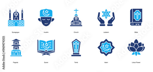 Religion Icon Set Collection Pack Banner Web Vector Illustration  Concept. Containing Synagogue, muslim, Church, Judaism, Bible icon