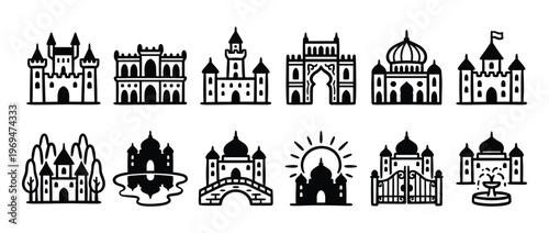 Collection of twelve black and white fairytale castle and palace icons in a simple, graphic style