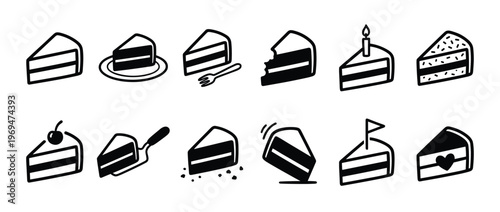 Collection of twelve black outline cake slices with various toppings and details, presented as simple icons