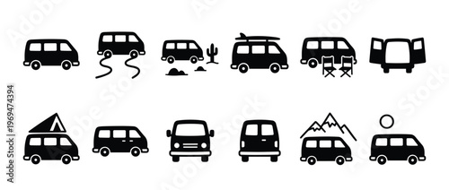 Collection of black and white hand-drawn camper van icons depicting various travel and outdoor activities
