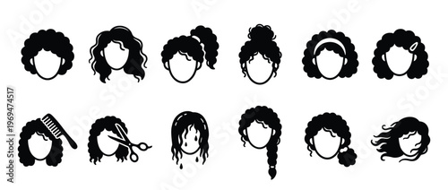 Collection of black silhouette female head icons with various curly hairstyles and hair accessories