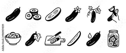 Collection of black and white cucumber icons showing whole, sliced, peeled, and pickled cucumbers in various forms