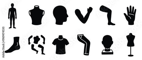 Collection of black silhouette icons depicting various mannequin parts and clothing items arranged neatly