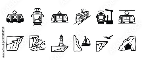 Collection of simple black and white line art icons depicting trams, cliffs, a lighthouse, and a sailboat