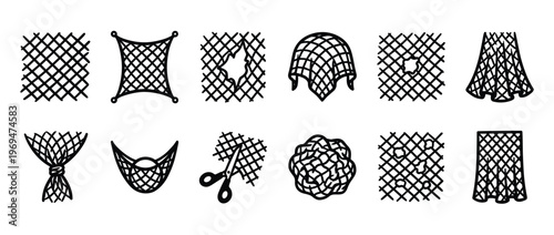 Collection of black outline fishing net icons illustrating various shapes, damage, and uses in a clean, graphic style