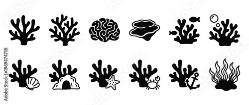 Collection of black silhouette coral reef elements, including various corals, shells, fish, and an anchor, presented as a graphic design illustration