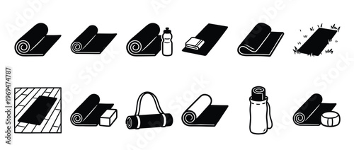 Collection of black and white yoga mat icons depicting various states and accessories for fitness and exercise
