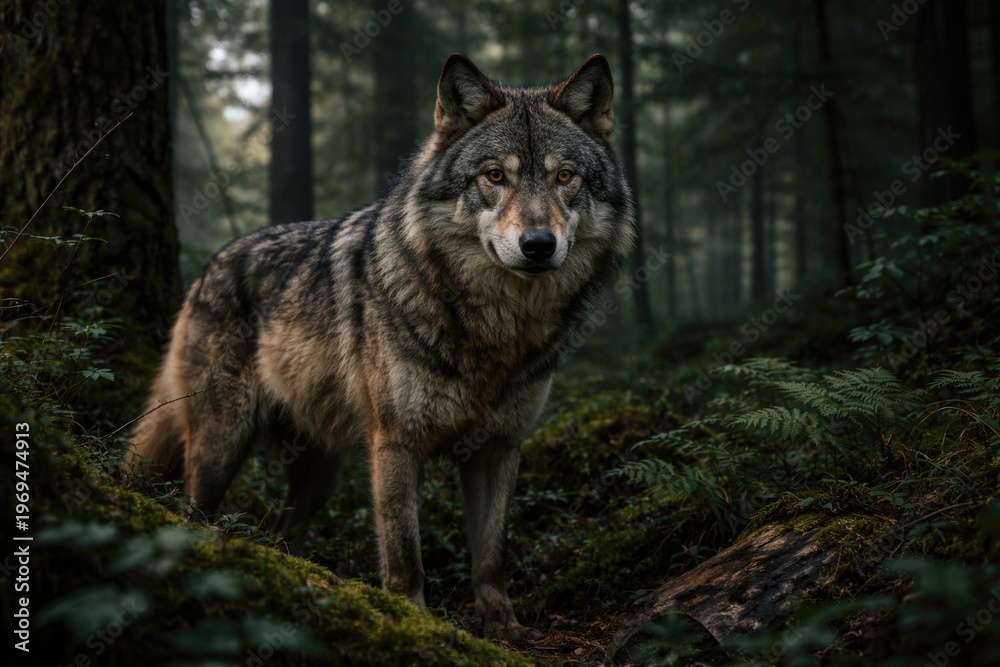 Obraz premium Gray wolf standing alert in dense forest undergrowth