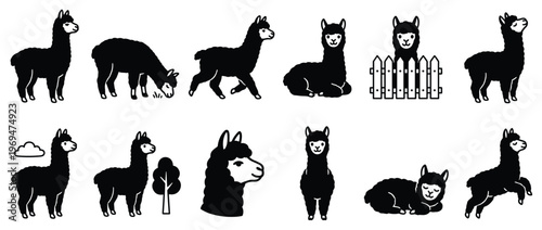 Collection of black alpaca silhouettes in various poses, including standing, grazing, walking, and sitting, depicted in a simple graphic style
