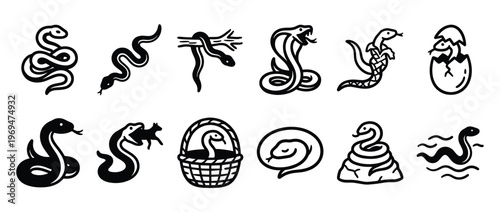Collection of twelve black and white snake icons showcasing various poses and interactions in a simple, graphic style