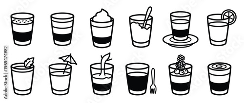 Collection of twelve simple black and white line art icons depicting various drinks and desserts in glasses