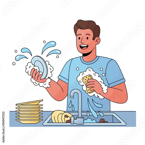 Man washing dishes in sink with sponge and soap suds, domestic chore illustration