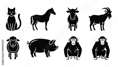 A collection of farm and wild animal silhouettes a cat horse cow goat sheep pig and monkeys silhouette high quality professional