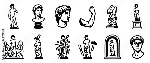 Collection of black and white line art illustrations depicting various classical Greek and Roman sculptures
