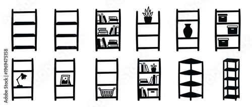 Collection of various black silhouette bookshelves and storage racks with different items, depicted in a simple, graphic style