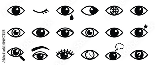 Collection of various black and white eye icons depicting different states and actions, presented as a clean vector illustration
