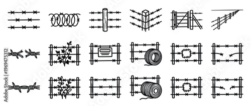 Various black line art icons depicting different types of barbed wire fences, rolls, and related elements in a clear, illustrative style