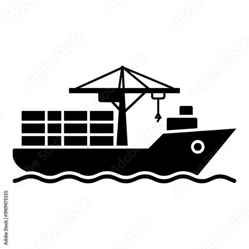 Cargo Ship Line Icon with Crane and Containers
