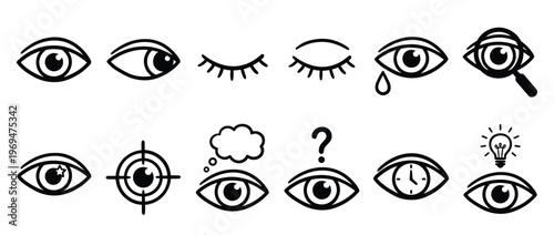 Collection of black outline eye icons illustrating various states of vision and perception on a clean surface