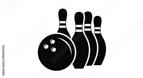 A classic bowling game illustration featuring a solid black ball positioned beside four upright pins, ready for an exciting strike, perfect for sports and recreation vector designs.