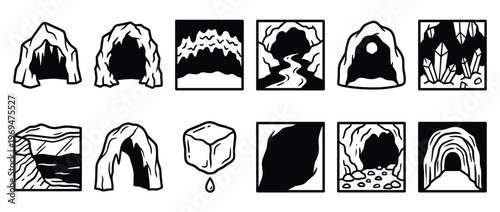 Collection of various stylized cave and cavern icons, featuring different entrances, interiors, and geological formations in a black and white line art style