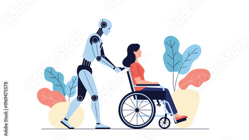 Advanced medical robot pushing a woman in a wheelchair to demonstrate the future of healthcare technology and patient service.