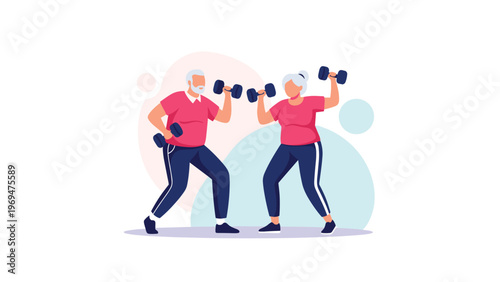 Active senior couple exercising together with blue dumbbells to maintain their physical health and fitness levels at their home.