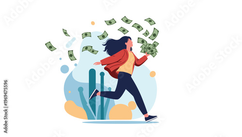 Successful businesswoman running joyfully while paper money flies all around her against a blue background with abstract shapes.