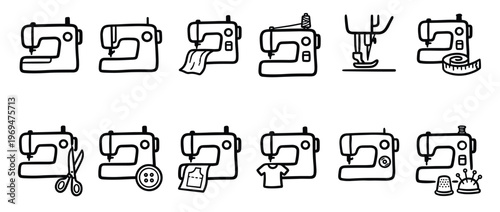 Collection of simple black outline sewing machine icons, each depicting different aspects of tailoring and garment creation