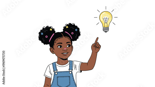Clever young black girl pointing her finger at a bright glowing lightbulb to represent a creative and innovative new idea.