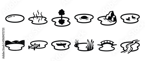 Collection of simple black and white pond and water feature icons, each depicting a different element or activity