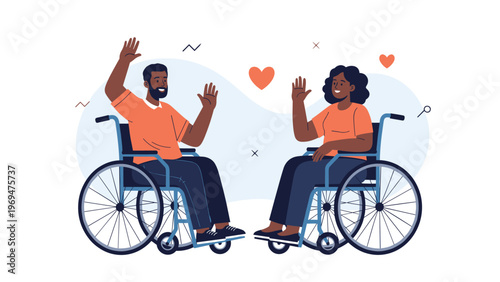 Two disabled people in wheelchairs waving at each other with floating hearts representing romantic love and a digital connection.