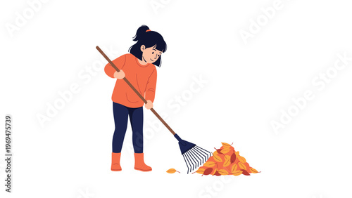Hardworking young girl using a wooden rake to gather colorful autumn leaves into a neat pile in her yard during the fall season.