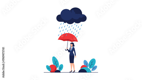 Resilient businesswoman standing under a dark rainy cloud holding a red umbrella to protect herself during a financial crisis.